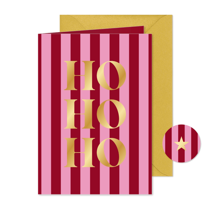 Funky kerstkaartje met roze rode streepjes ho ho ho - Kaartimpressie
