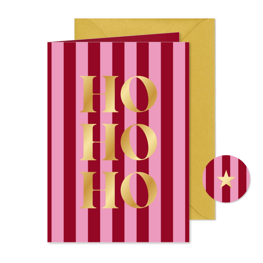 Funky kerstkaartje met roze rode streepjes ho ho ho - Kaartimpressie