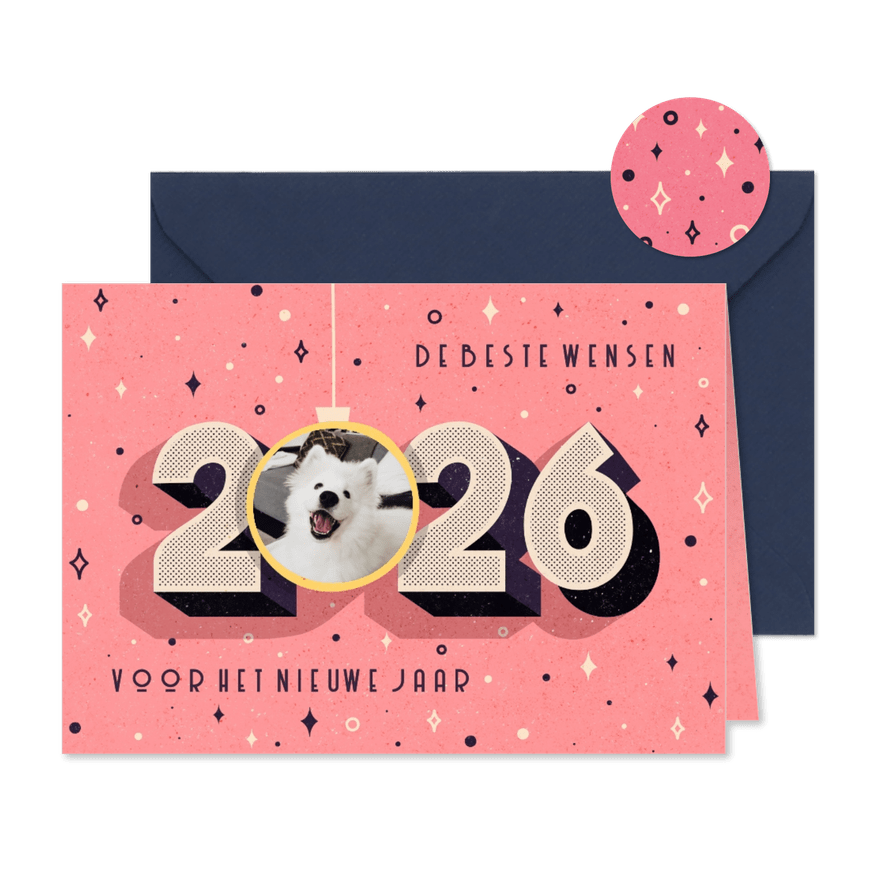 Funky nieuwjaarskaart 2026 retro met foto in kerstbal - Kaartimpressie