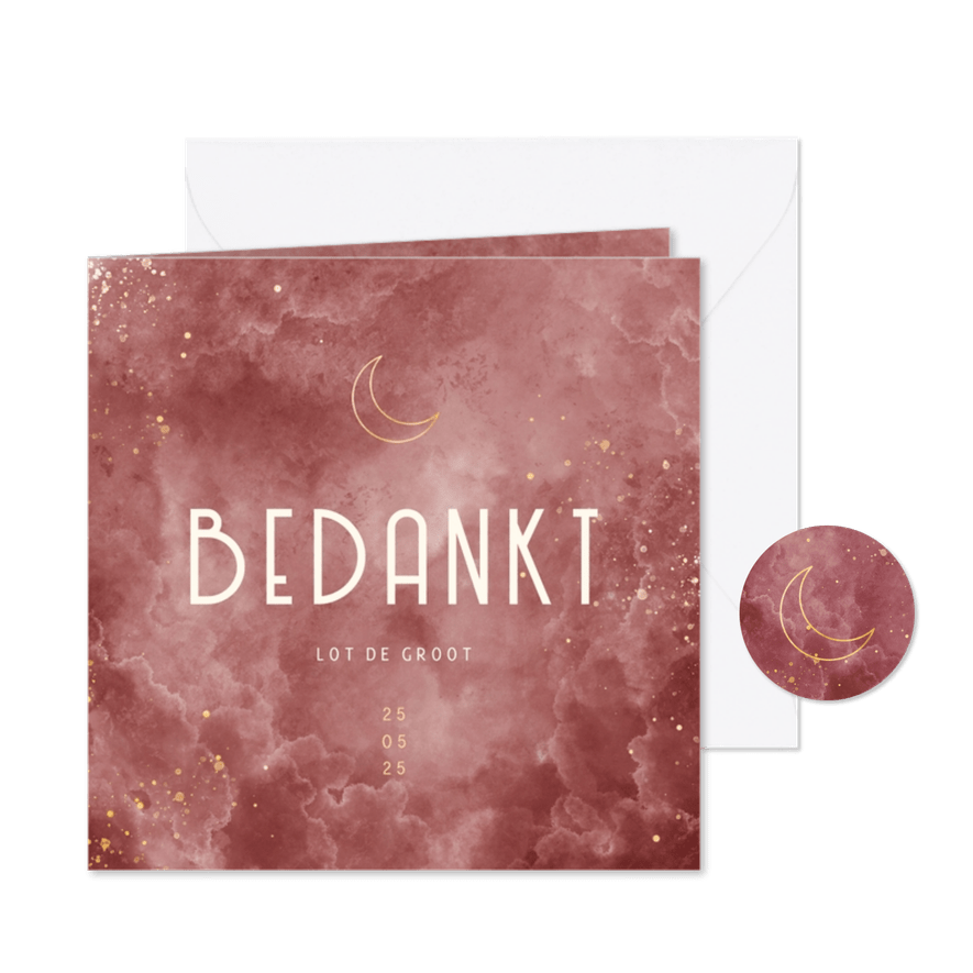 Geboorte bedankkaartje gouden maan met waterverf wolkjes - Kaartimpressie