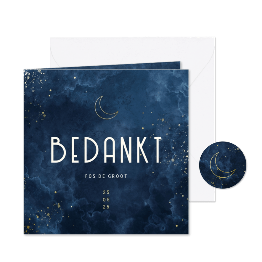 Geboorte bedankkaartje waterverf wolkjes met gouden maan - Kaartimpressie
