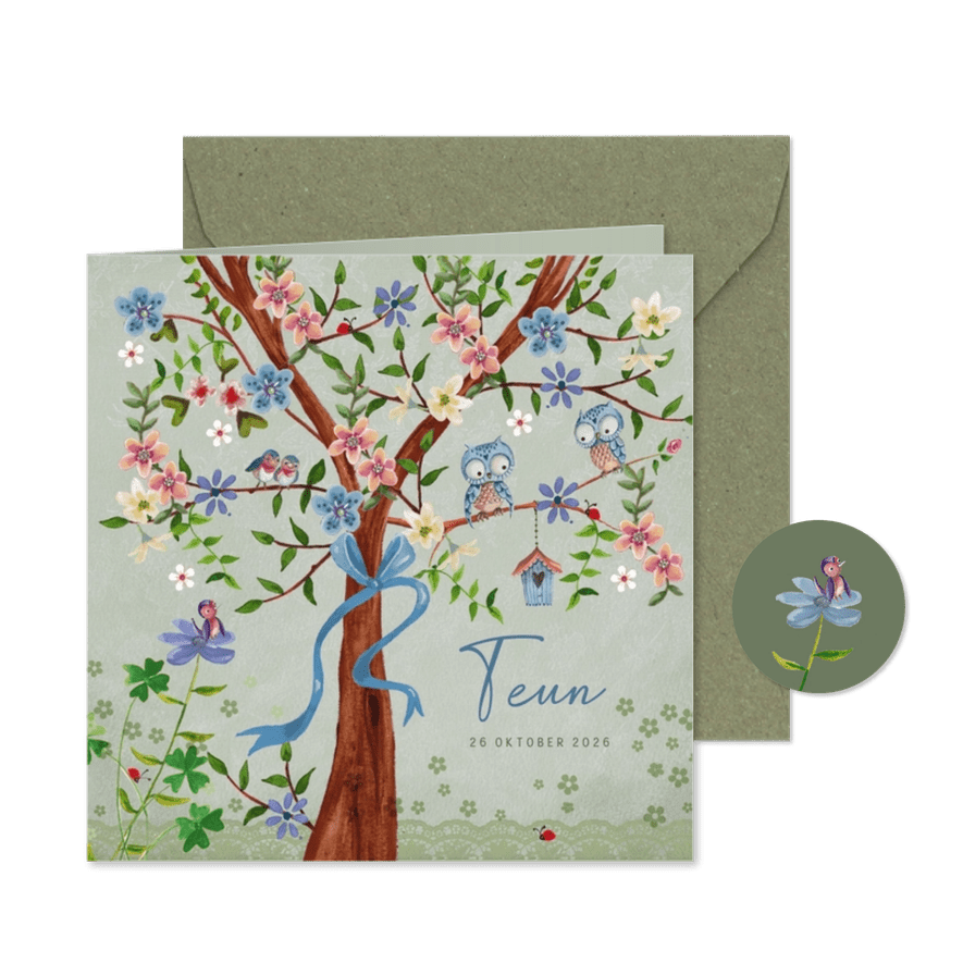 Geboorte boom jongen uiltjes en bloemen - Kaartimpressie