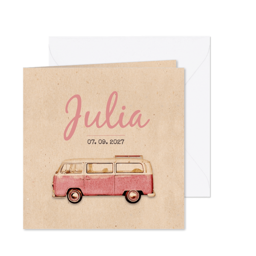 Geboorte busje roze retro - BK - Kaartimpressie