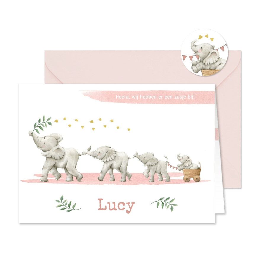 Geboorte dochter met vier vrolijke olifantjes! - Kaartimpressie
