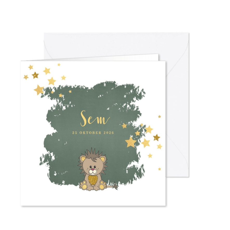 Geboorte hip groen kaartje met een schattige leeuw - Kaartimpressie