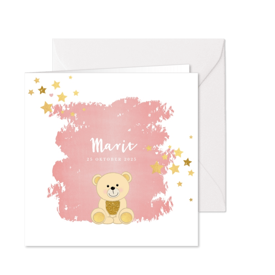 Geboorte hip roze kaartje met een schattig beertje - Kaartimpressie