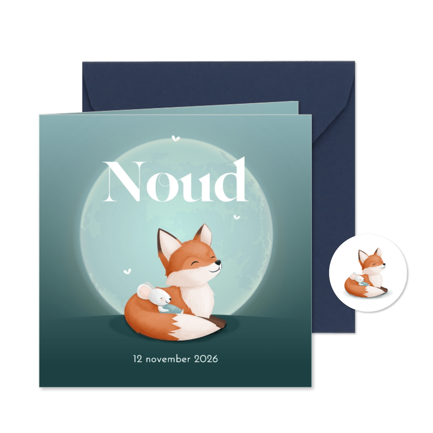 Geboorte jongen sfeervolle maan met vosje en kleine muis - Kaartimpressie
