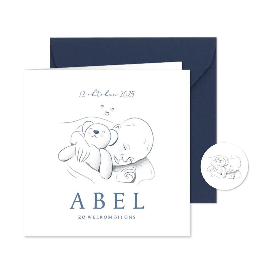 Geboorte jongetje realistische illustratie baby met beertje - Kaartimpressie