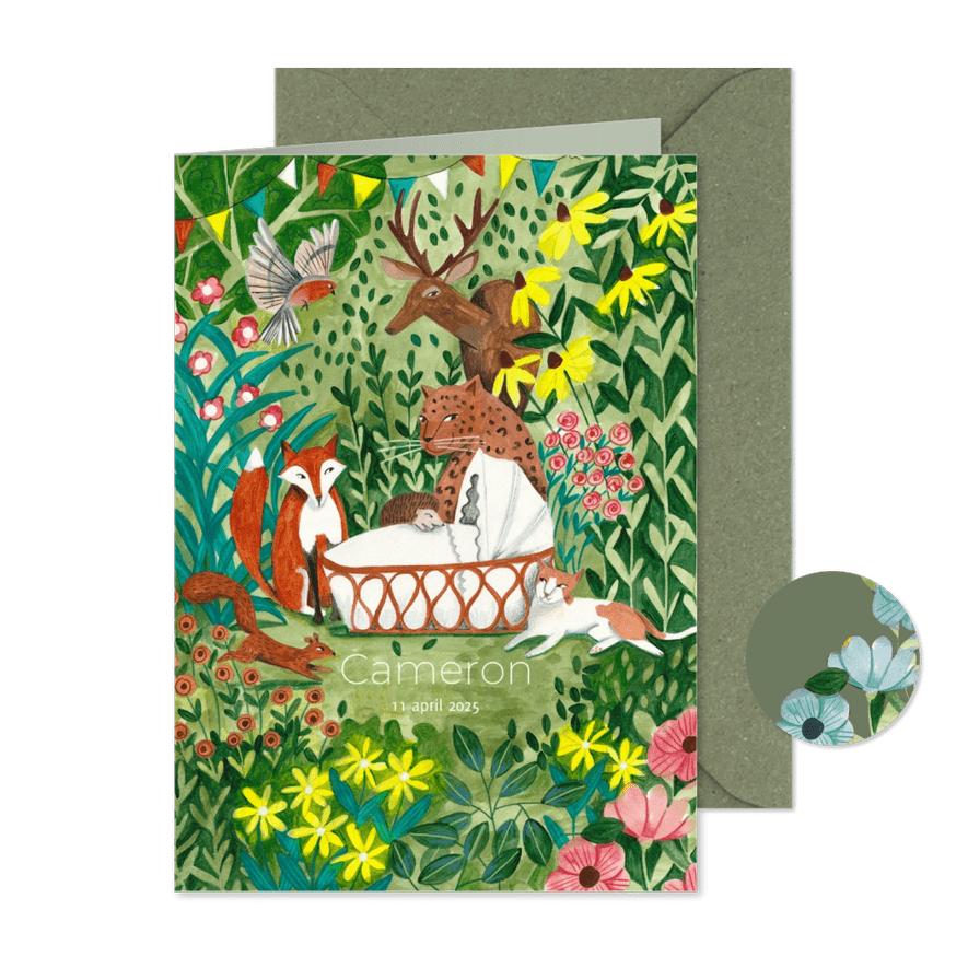 Geboorte kaartje wiegje met luipaard dieren in het bos - Kaartimpressie