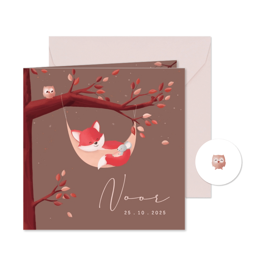 Geboorte meisje bosdieren stijlvol vosje in hangmat in boom - Kaartimpressie