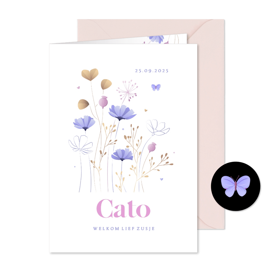 Geboorte meisje illustratie wilde heidebloemen met vlinder - Kaartimpressie