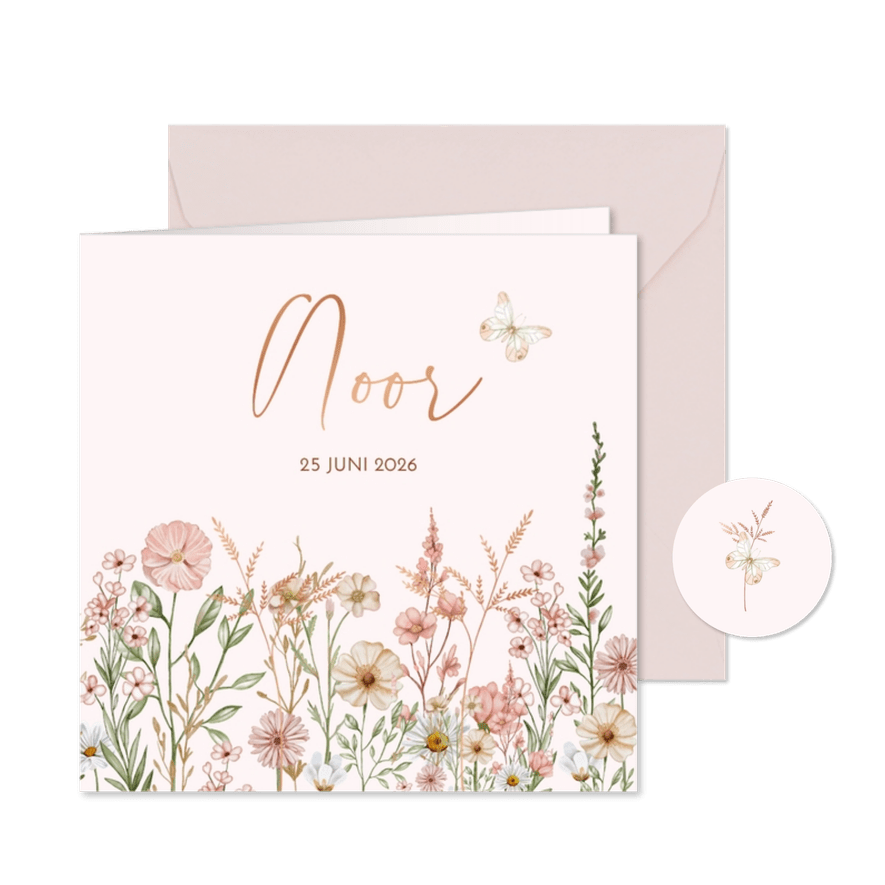 Geboorte meisje met bloemen in pastel met vlindertje - Kaartimpressie