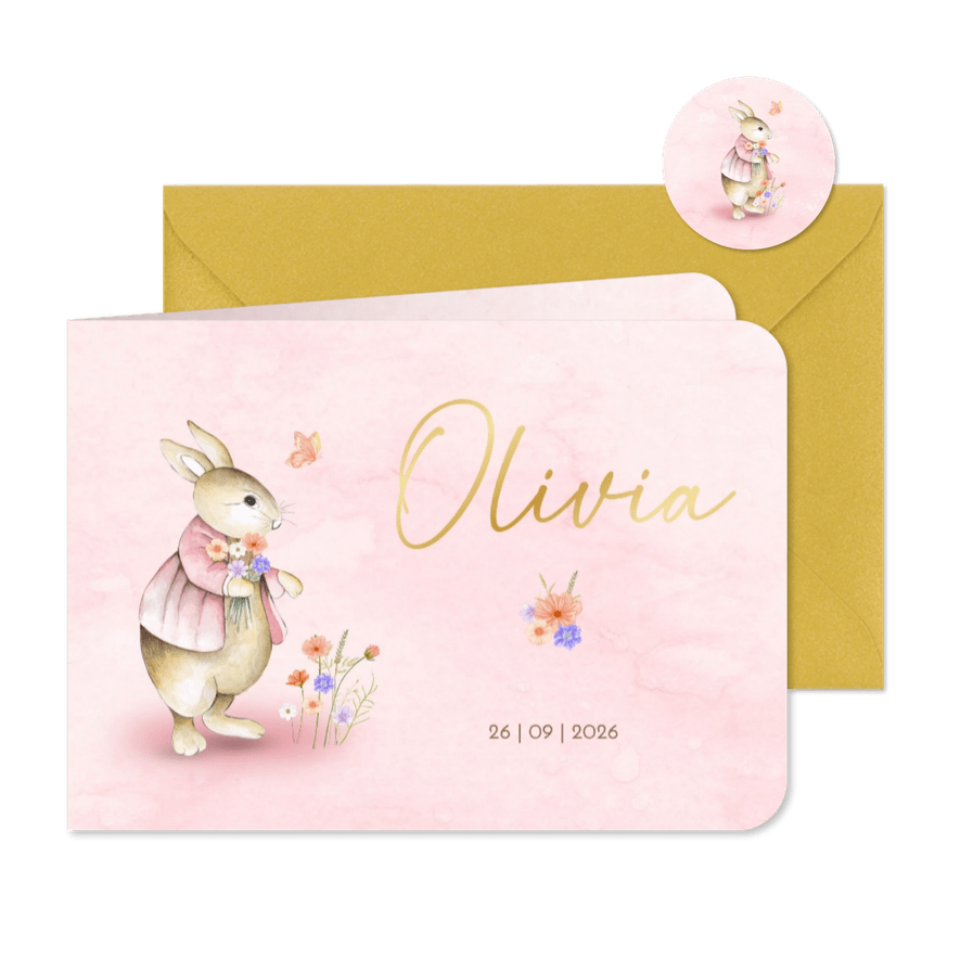 Geboorte meisje vintage konijntje met bloemen - Kaartimpressie