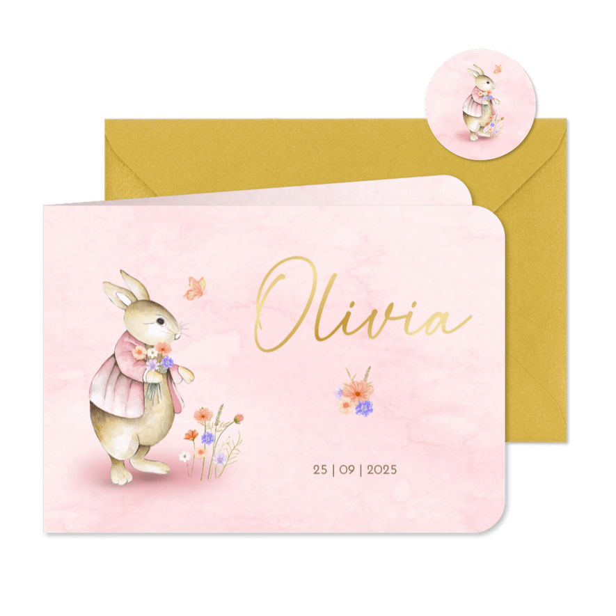 Geboorte meisje vintage konijntje met bloemen - Kaartimpressie