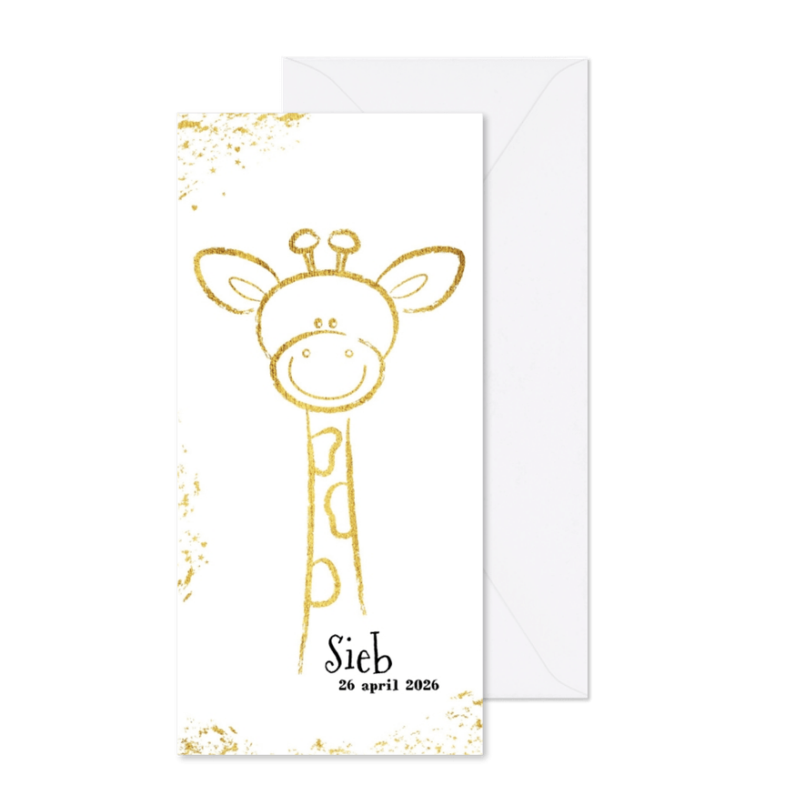 Geboorte origineel kaartje met goudkleurig lief girafje - Kaartimpressie