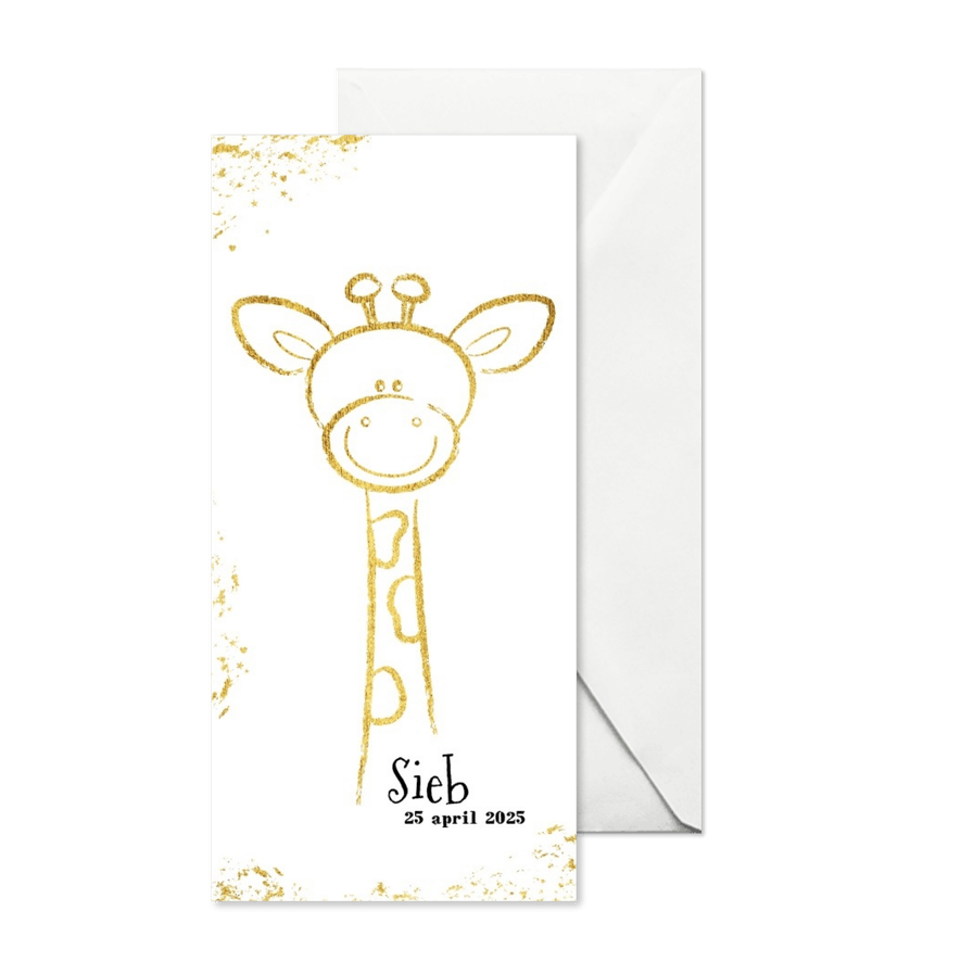 Geboorte origineel kaartje met goudkleurig lief girafje - Kaartimpressie