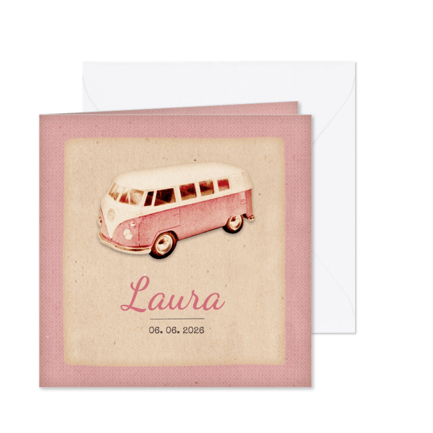Geboorte retro busje roze - BK - Kaartimpressie
