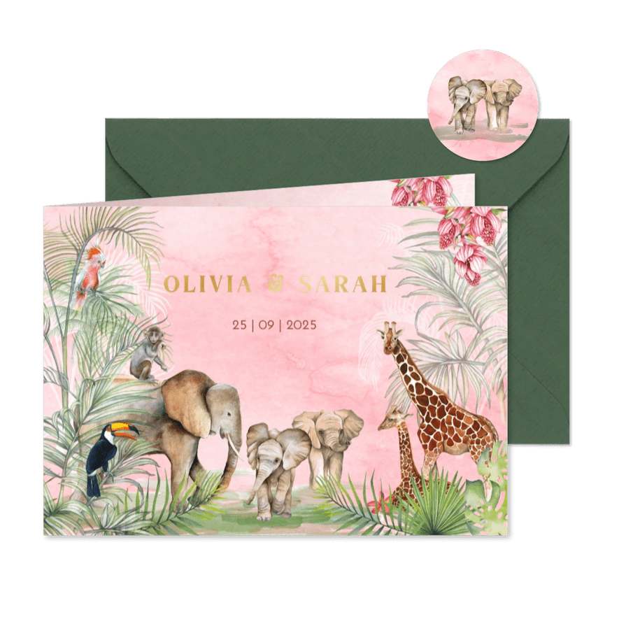 Geboorte tweeling meisje in de jungle olifantjes - Kaartimpressie