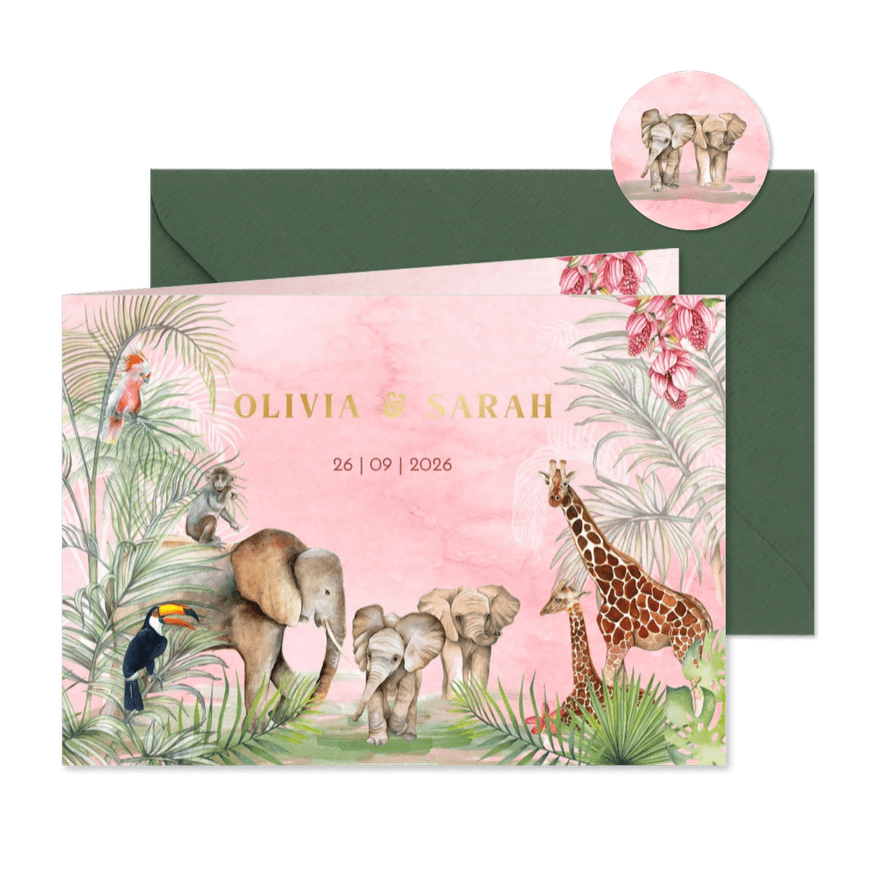 Geboorte tweeling meisje in de jungle olifantjes - Kaartimpressie