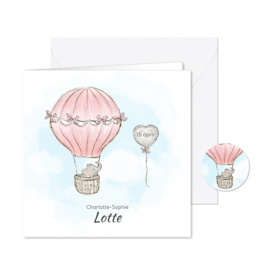 Geboortekaart adoptie meisje - luchtballon - Kaartimpressie