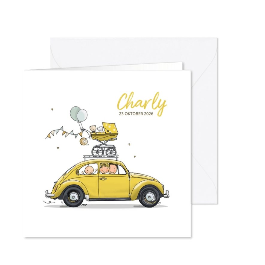 Geboortekaart Auto geel - Kaartimpressie