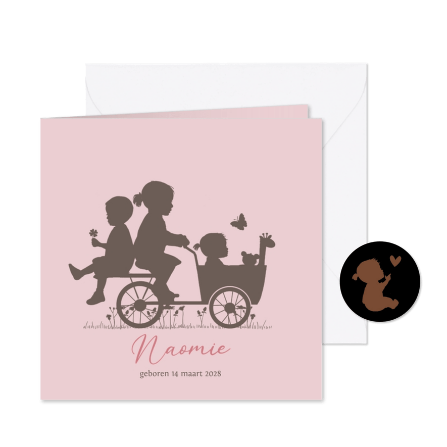 Geboortekaart bakfiets baby meisje met grote zus en broer - Kaartimpressie