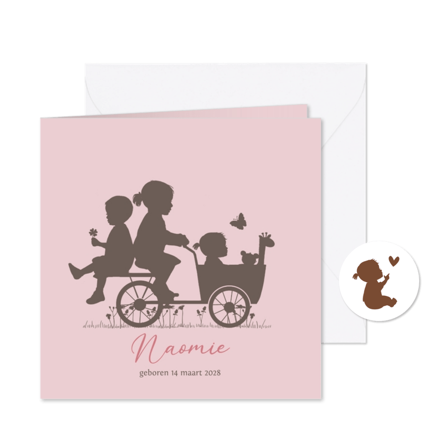 Geboortekaart bakfiets baby meisje met grote zus en broer - Kaartimpressie