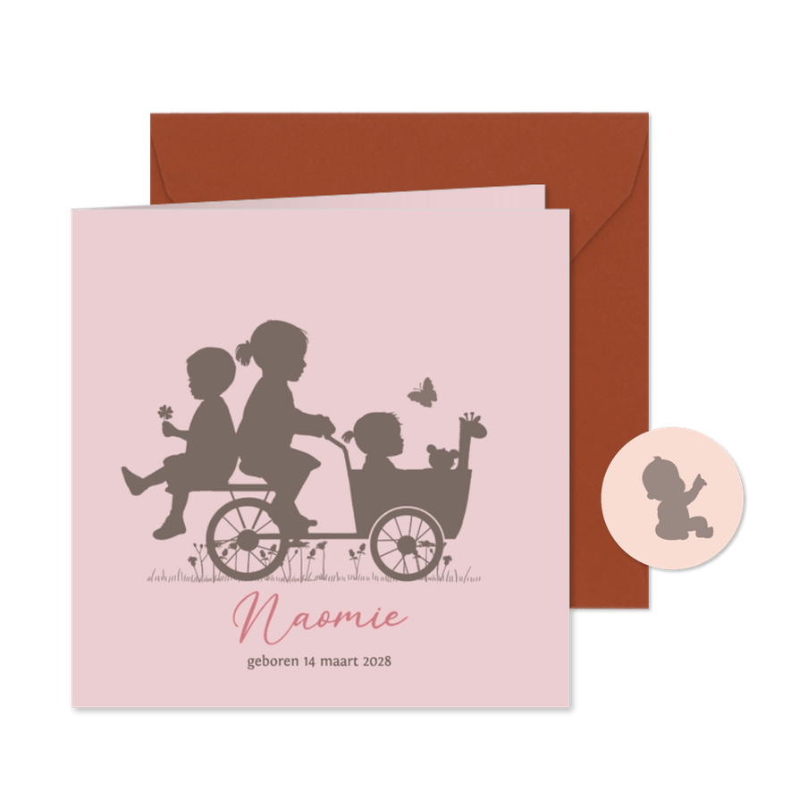 Geboortekaart bakfiets baby meisje met grote zus en broer - Kaartimpressie