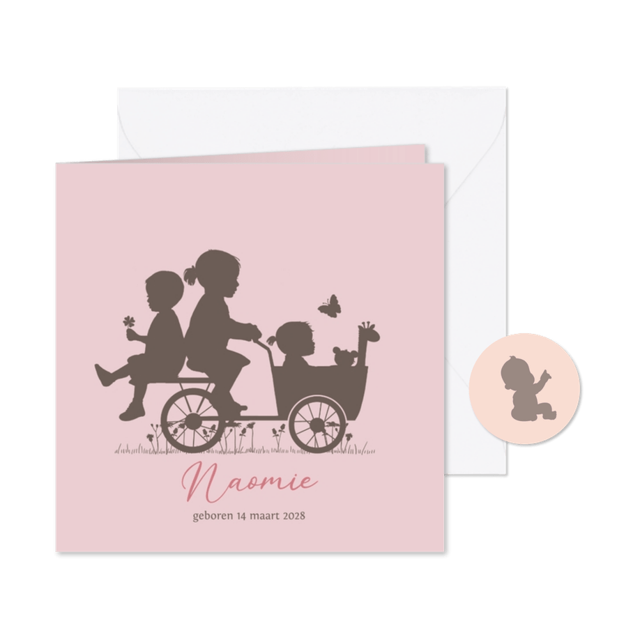 Geboortekaart bakfiets baby meisje met grote zus en broer - Kaartimpressie