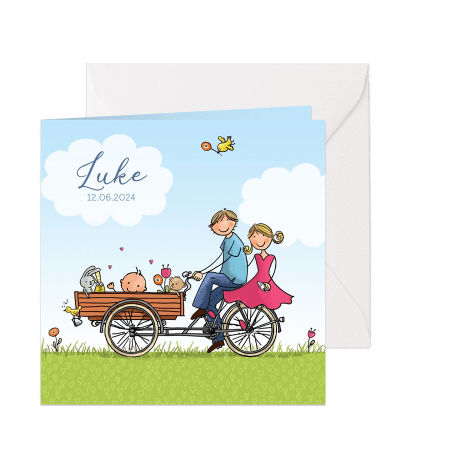 Geboortekaart bakfiets blauw blond - Kaartimpressie