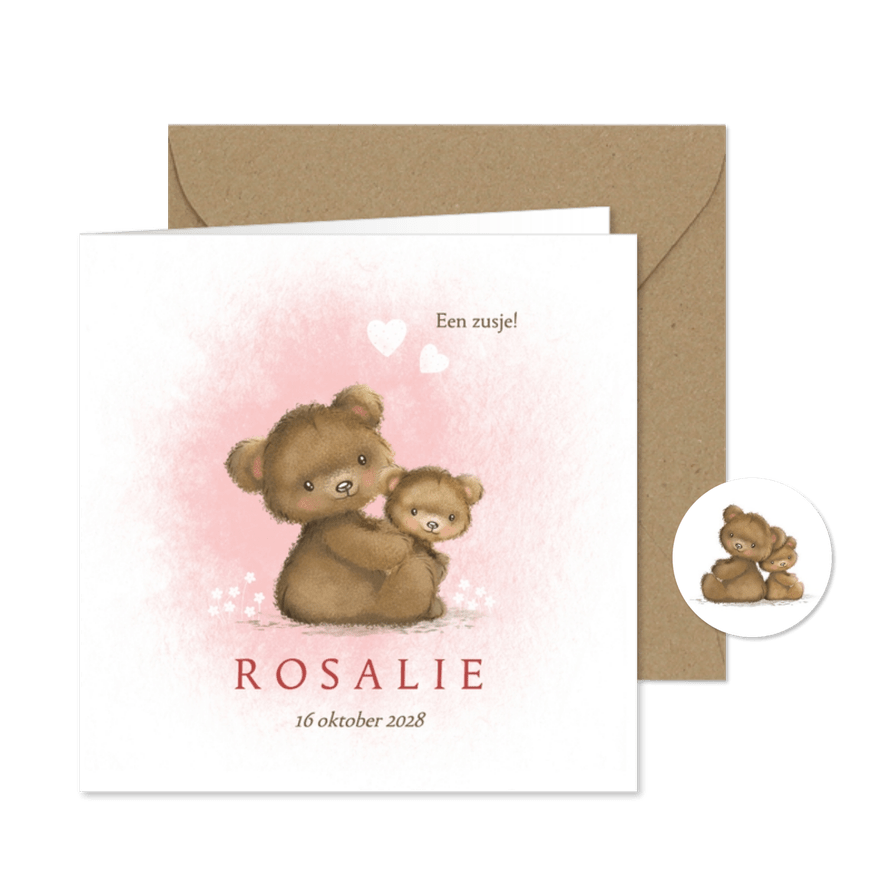 Geboortekaart beren tussen bloempjes roze - Kaartimpressie