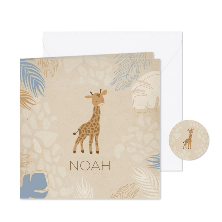 Geboortekaart blauw met girafje - Kaartimpressie