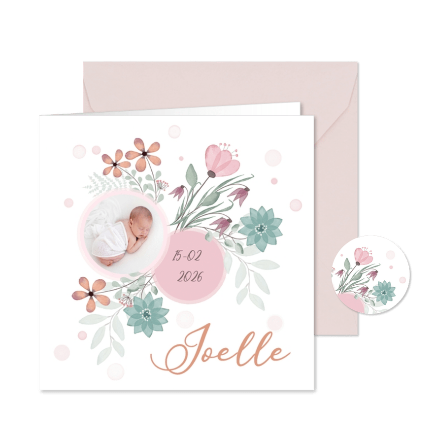 Geboortekaart bloemen en cirkel voor babyfoto - Kaartimpressie