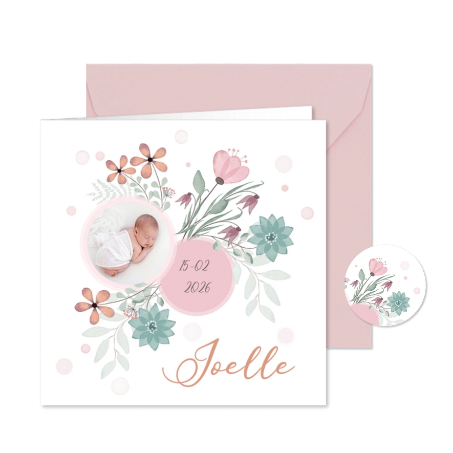 Geboortekaart bloemen en cirkel voor babyfoto - Kaartimpressie