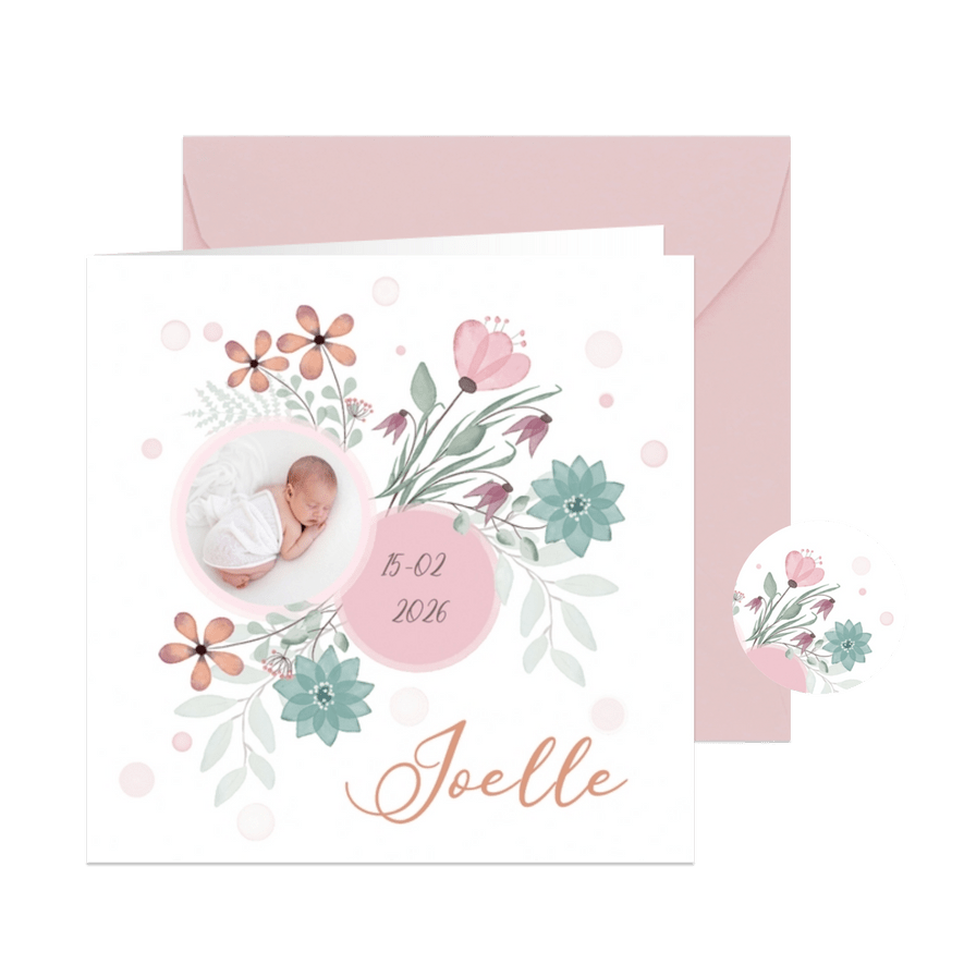 Geboortekaart bloemen en cirkel voor babyfoto - Kaartimpressie