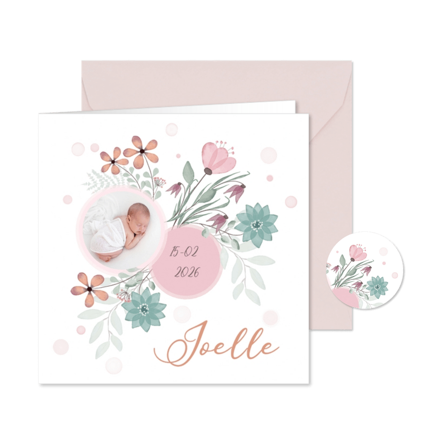 Geboortekaart bloemen en cirkel voor babyfoto - Kaartimpressie