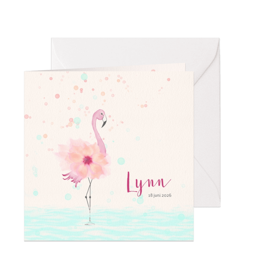 Geboortekaart flamingo met bloem-lijfje - Kaartimpressie