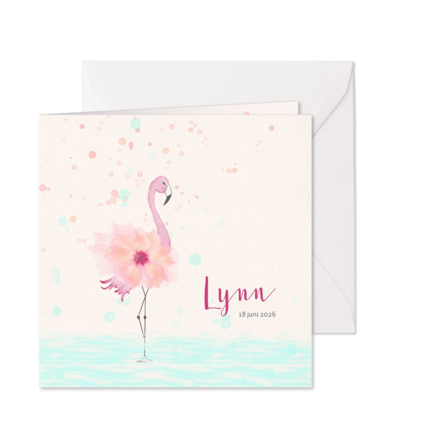 Geboortekaart flamingo met bloem-lijfje - Kaartimpressie