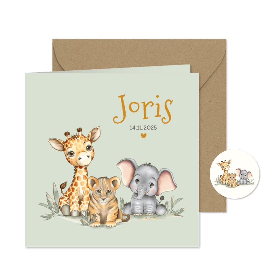 Geboortekaart giraf leeuw olifant groene achtergrond - Kaartimpressie