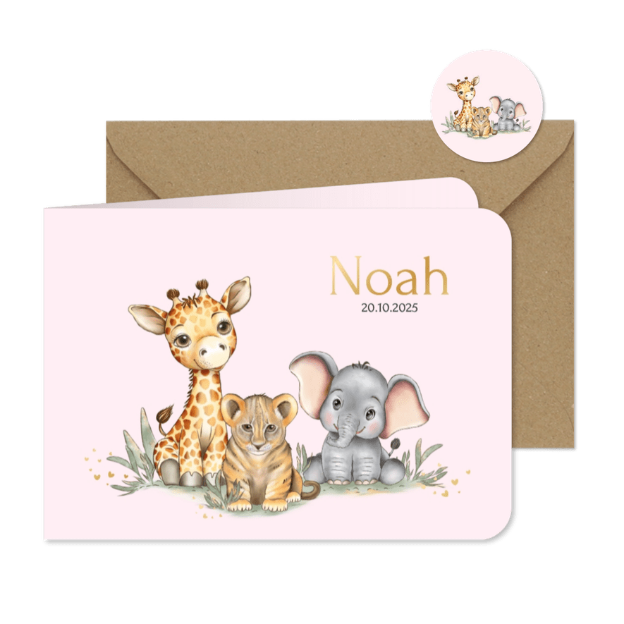 Geboortekaart girafje olifantje en leeuwtje - Kaartimpressie
