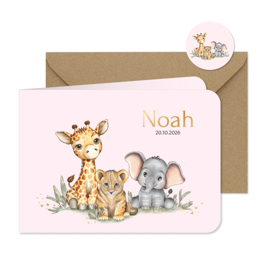 Geboortekaart girafje olifantje en leeuwtje - Kaartimpressie