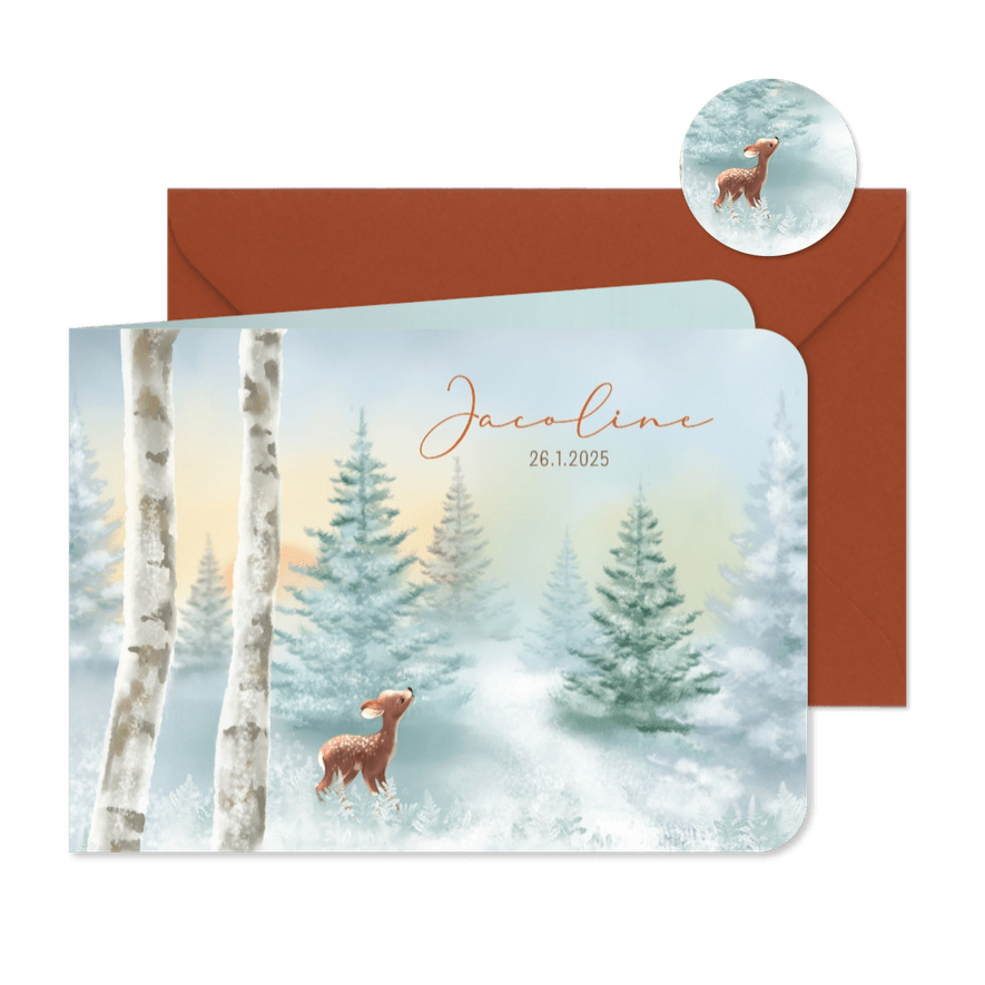 Geboortekaart hertje in winters landschap - Kaartimpressie