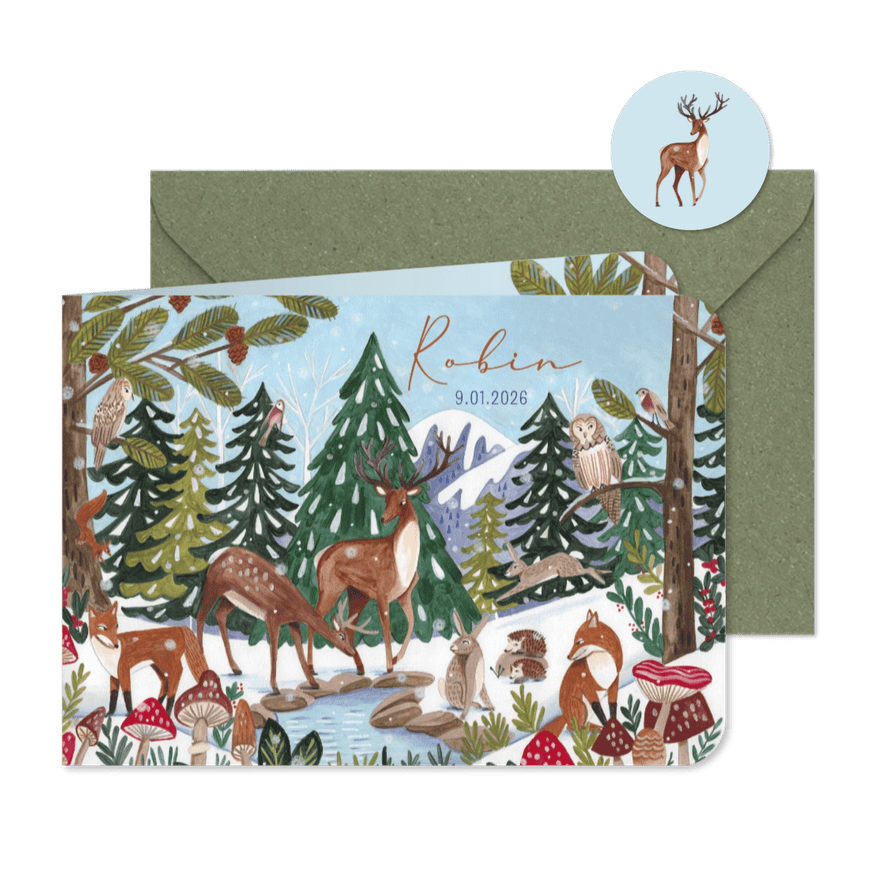 Geboortekaart hertjes en vosje in winter landschap - Kaartimpressie