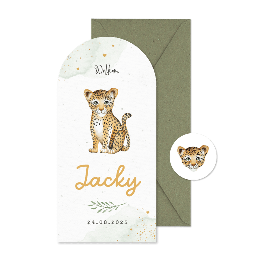 Geboortekaart hoge boogkaart jungle panter dieren waterverf - Kaartimpressie