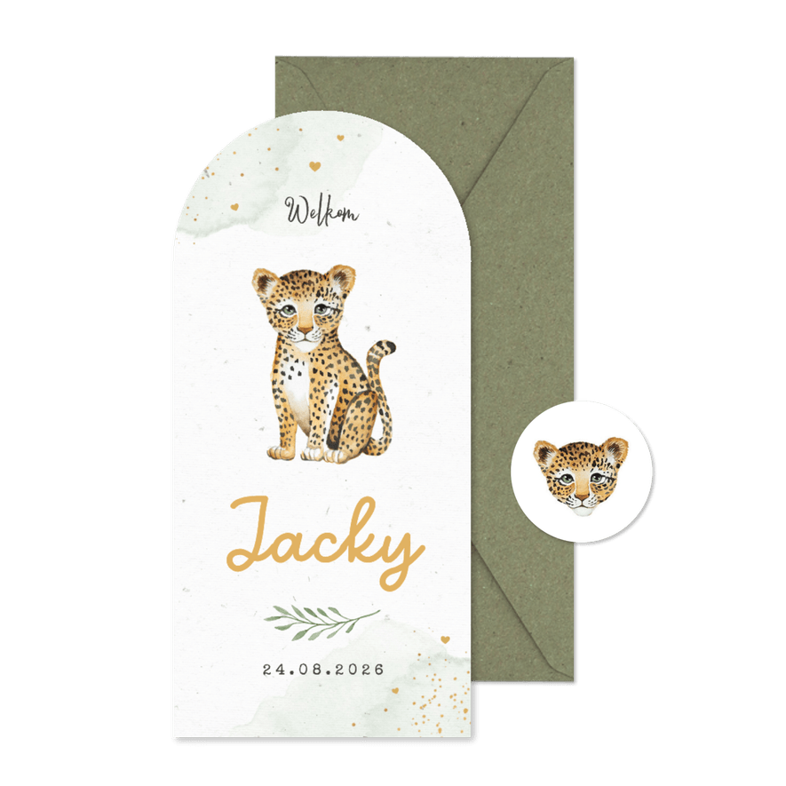 Geboortekaart hoge boogkaart jungle panter dieren waterverf - Kaartimpressie