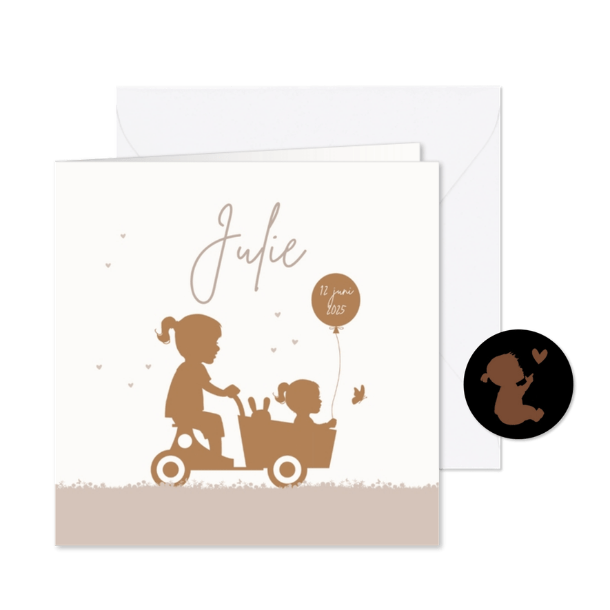 Geboortekaart houten bakfiets met zusjes ballon - Kaartimpressie