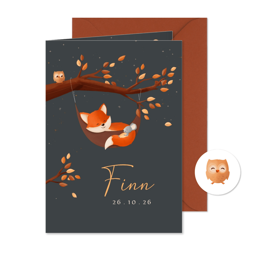 Geboortekaart jongen bosdieren vosje in hangmat in boom - Kaartimpressie