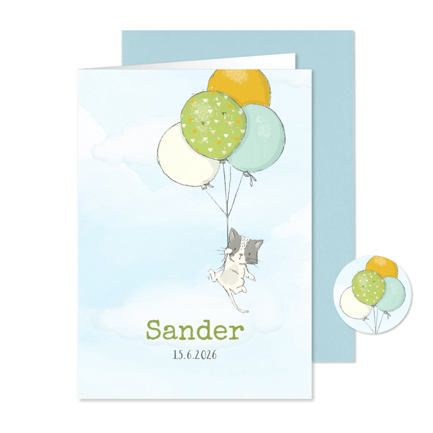 Geboortekaart jongen, kitten en ballonnen - Kaartimpressie