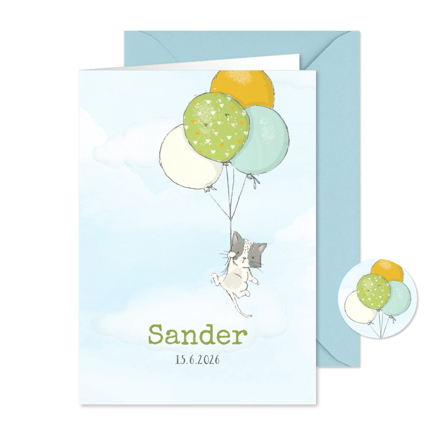 Geboortekaart jongen, kitten en ballonnen - Kaartimpressie