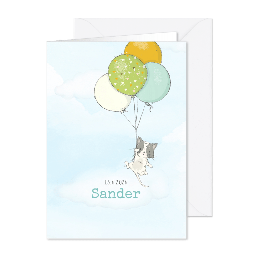 Geboortekaart jongen, kitten en ballonnen - Kaartimpressie